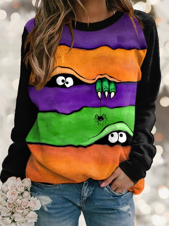 Women's Halloween Peek Monster Print Long Sleeve Sweatshirt