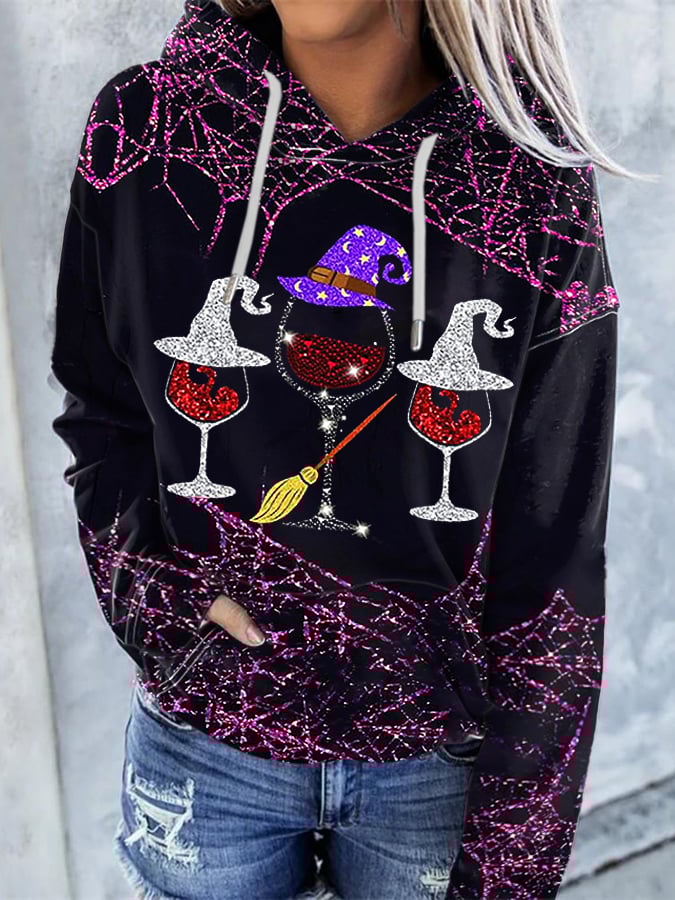 Women'S Casual Halloween Wine Glass Printed Hooded Long-Sleeve Sweatshirt