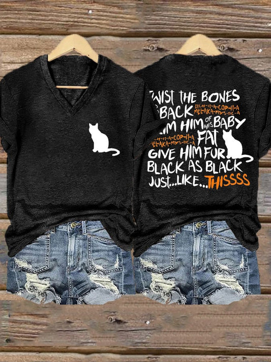 Women's Twist The Bones Black Cat Print V-Neck T-Shirt