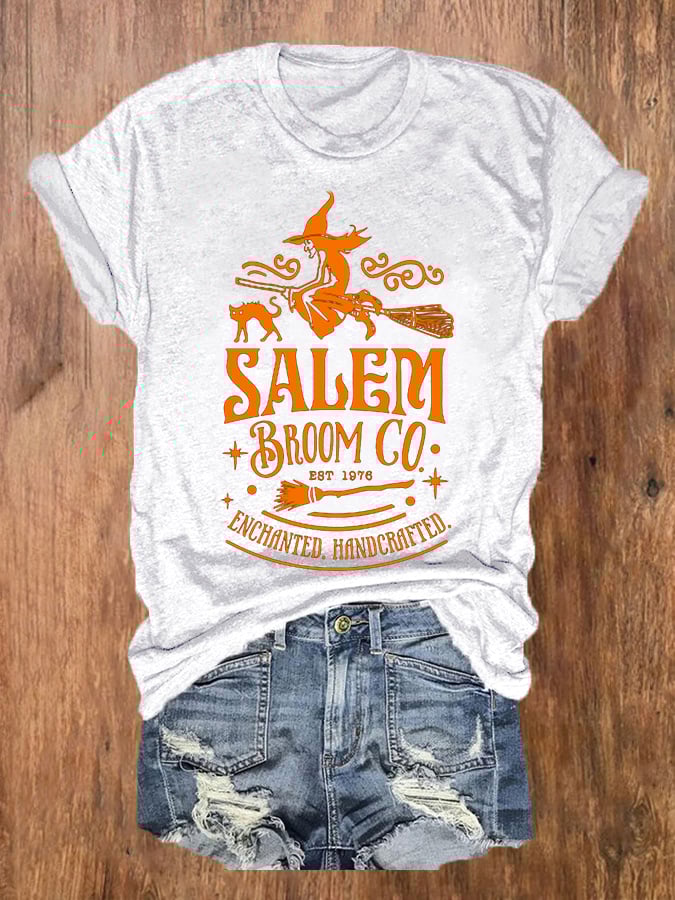 Women's Halloween Salem Broom Company Print O-Neck T-Shirt