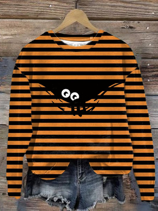 Women's Halloween Striped Print Round Neck Sweatshirt